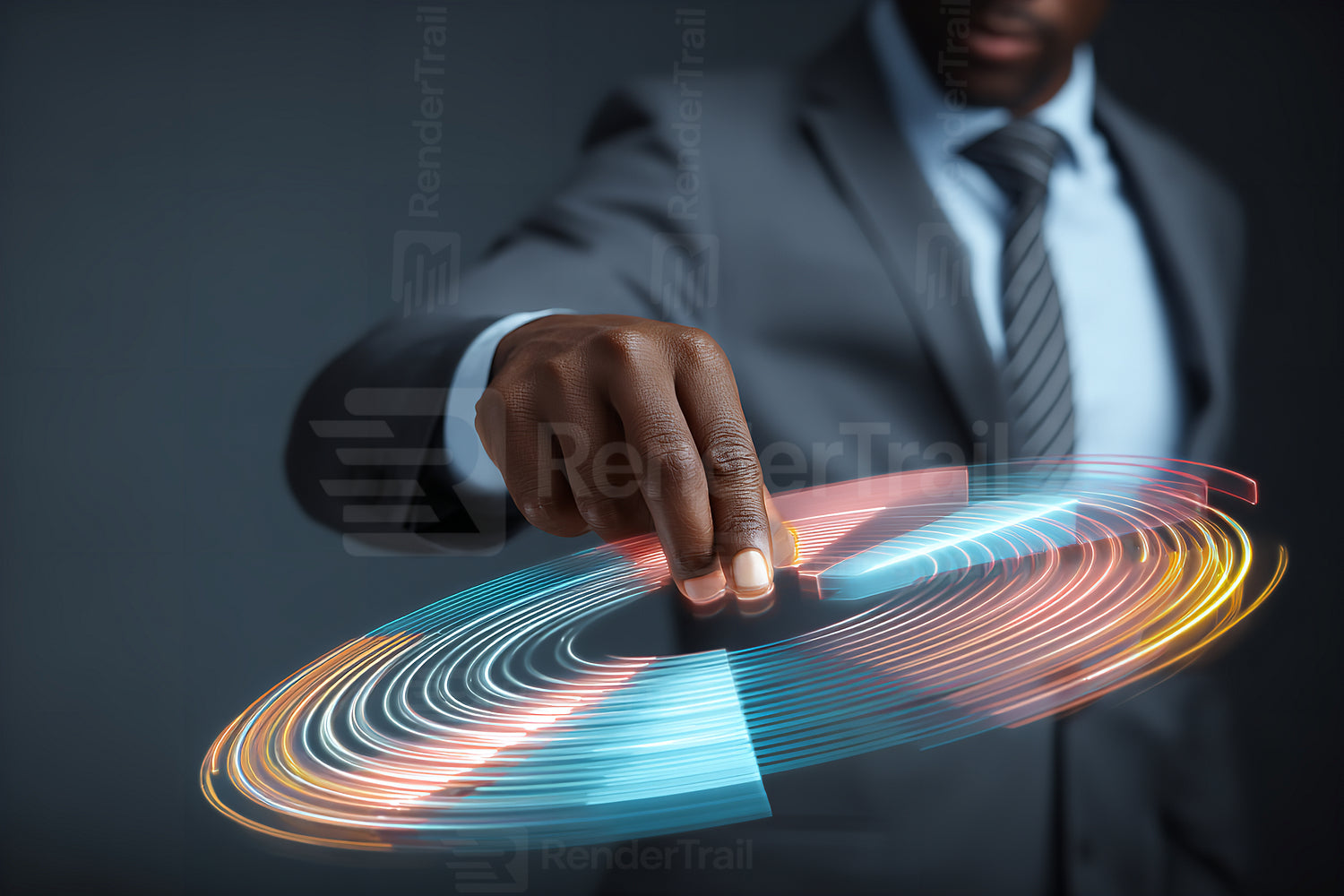 Business professional creates a dynamic display with colorful circular lights using modern technology