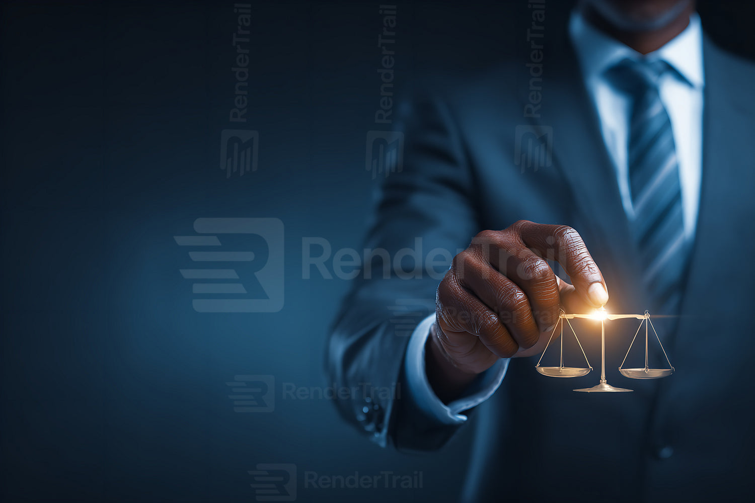 Balancing justice with scales held by a businessman in a formal suit under a dark background