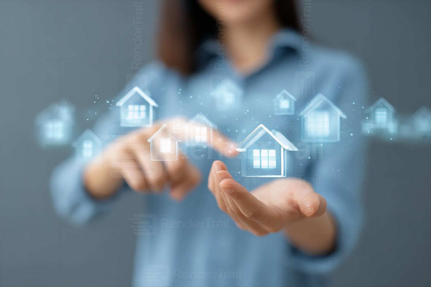 Digital representation of homes in a real estate technology concept with a person interacting