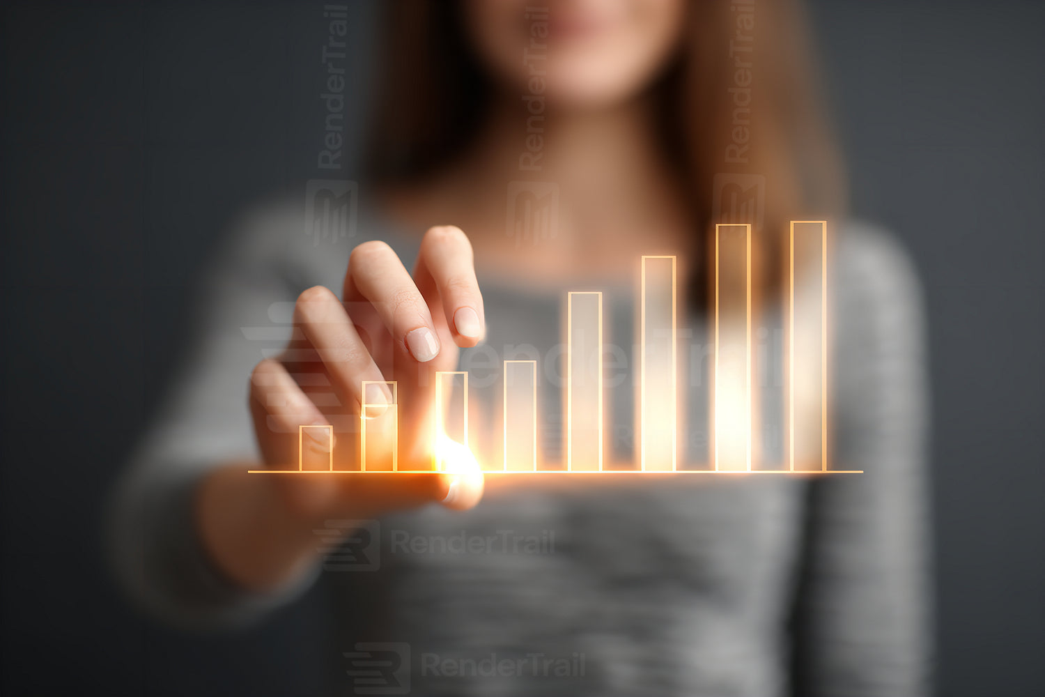 Woman interacts with digital bar graph to illustrate business growth in a modern workspace