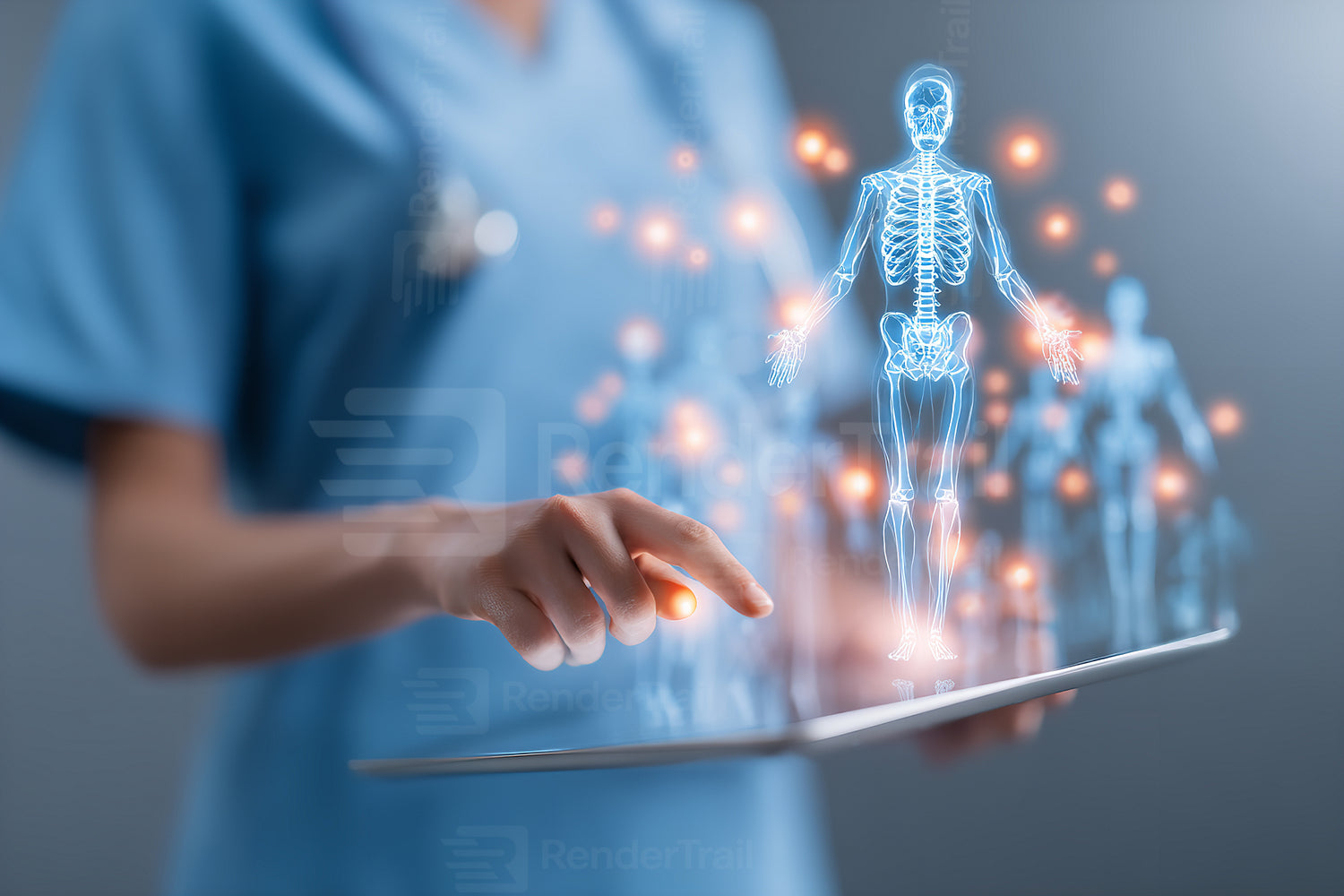 Modern medical technology enables visualization of human anatomy through digital interfaces in healthcare settings