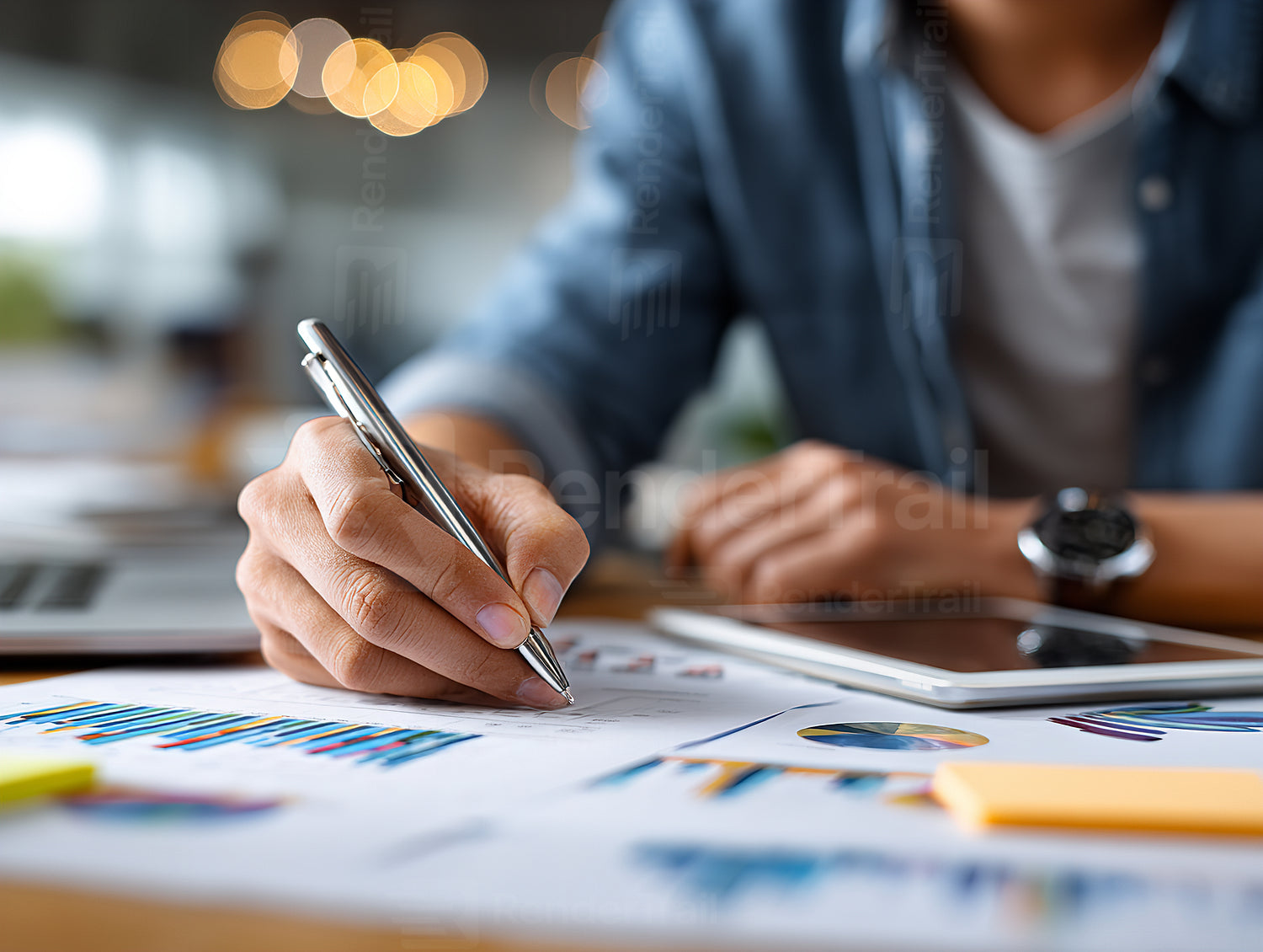 Person writing notes and analyzing graphs at a desk in an office setting during the daytime