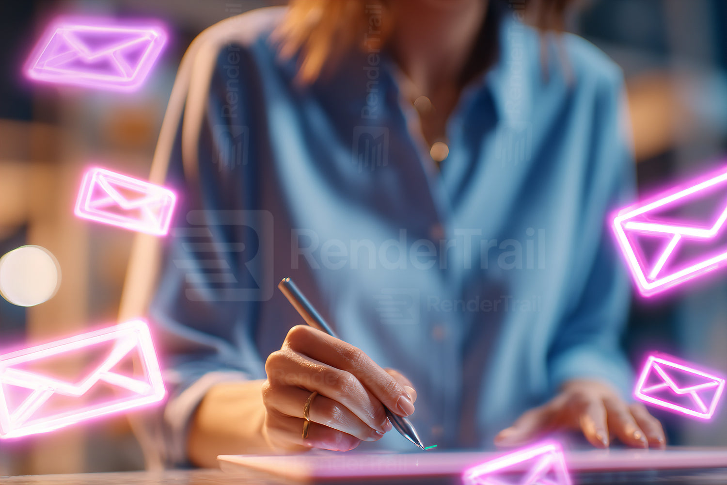 Woman writing a message with glowing envelopes in a modern workspace during evening hours