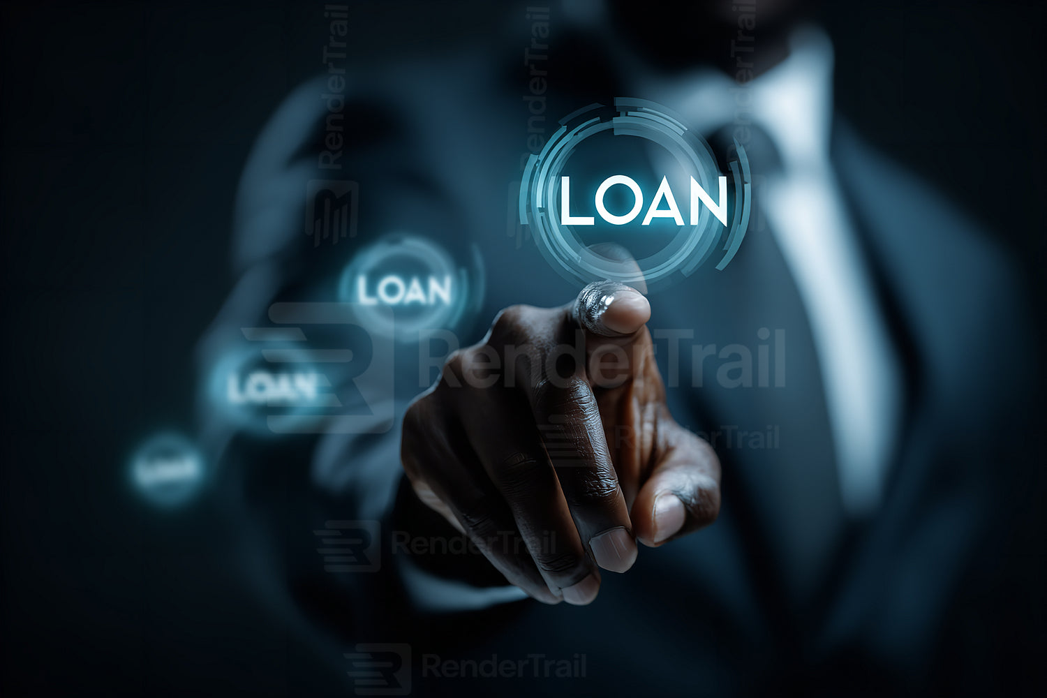 Business professional interacting with digital loan interface in dark setting