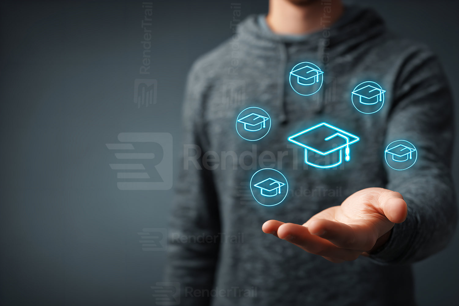 Young man displaying graduation icons with holographic effect in a dark space