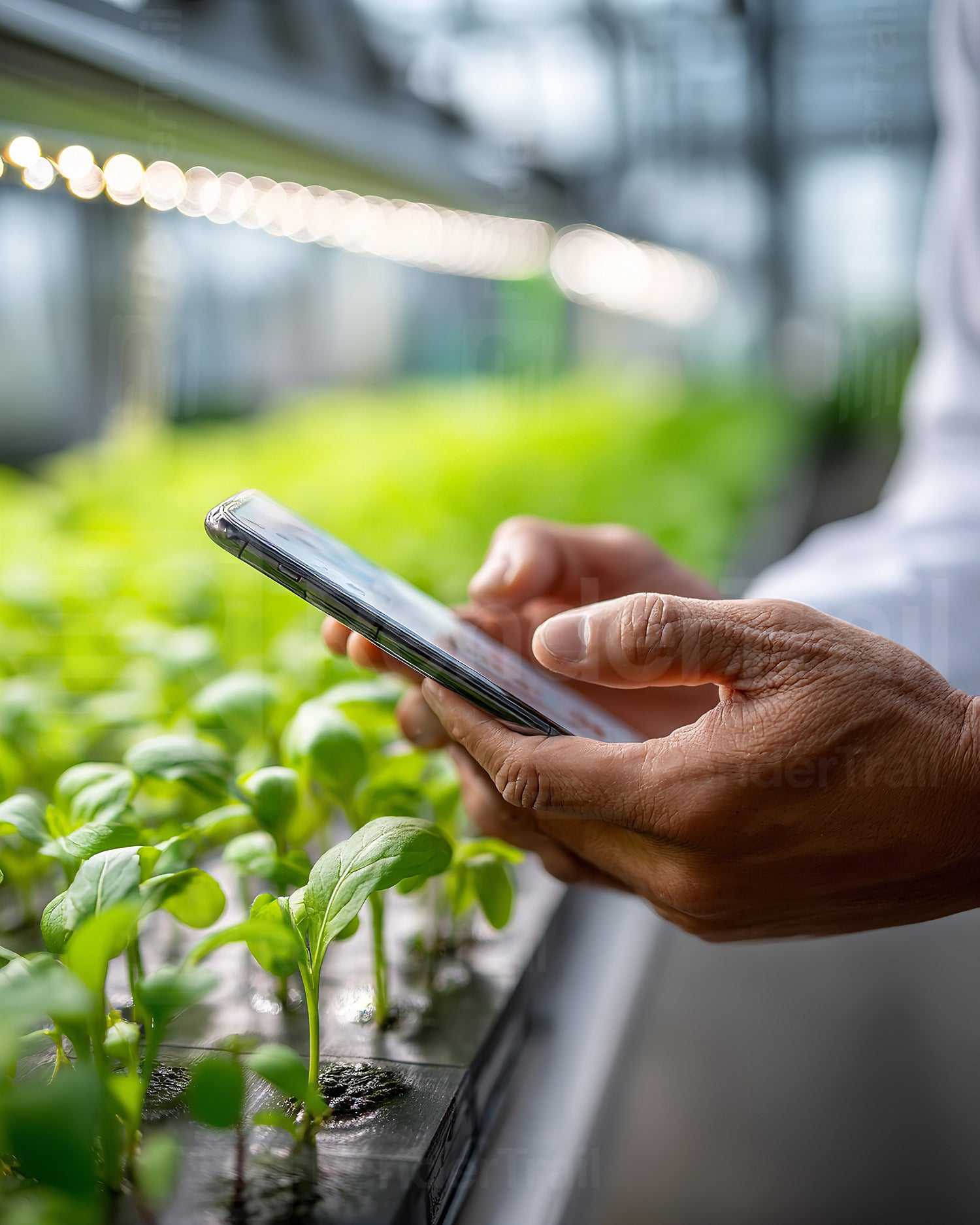 Farmer using smartphone to monitor plant growth in greenhouse during daytime