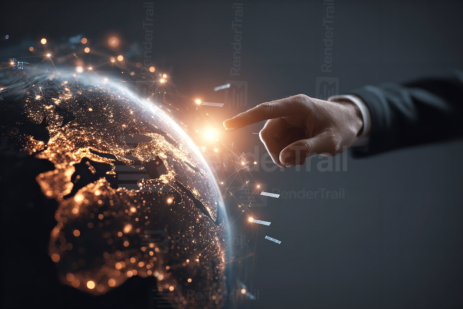 Futuristic representation of a hand reaching towards a glowing globe in a dark setting showcasing global connections and technology