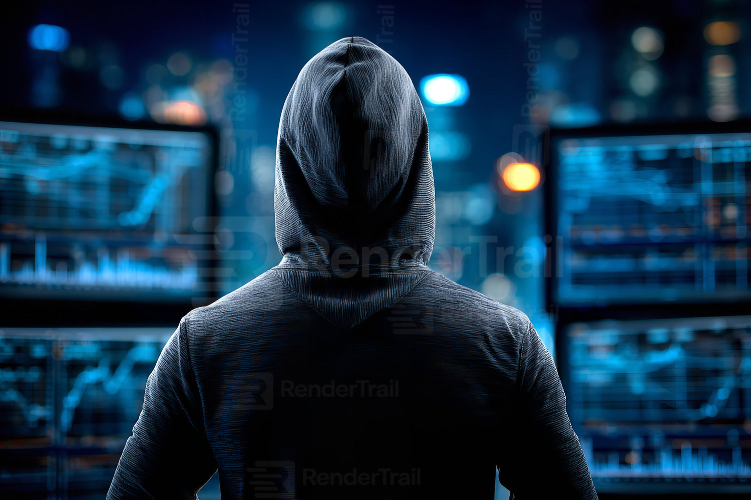 Person in hoodie analyzes stock market data at nighttime in a modern city setting