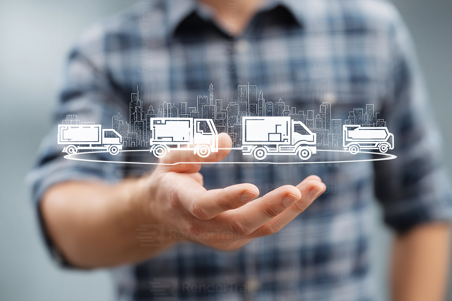 Man holding digital representation of trucks with city skyline in background, showing transportation concept clearly