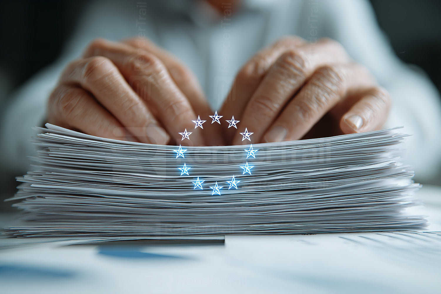 Hands organizing a large stack of papers with star graphics in a modern office setting during the daytime