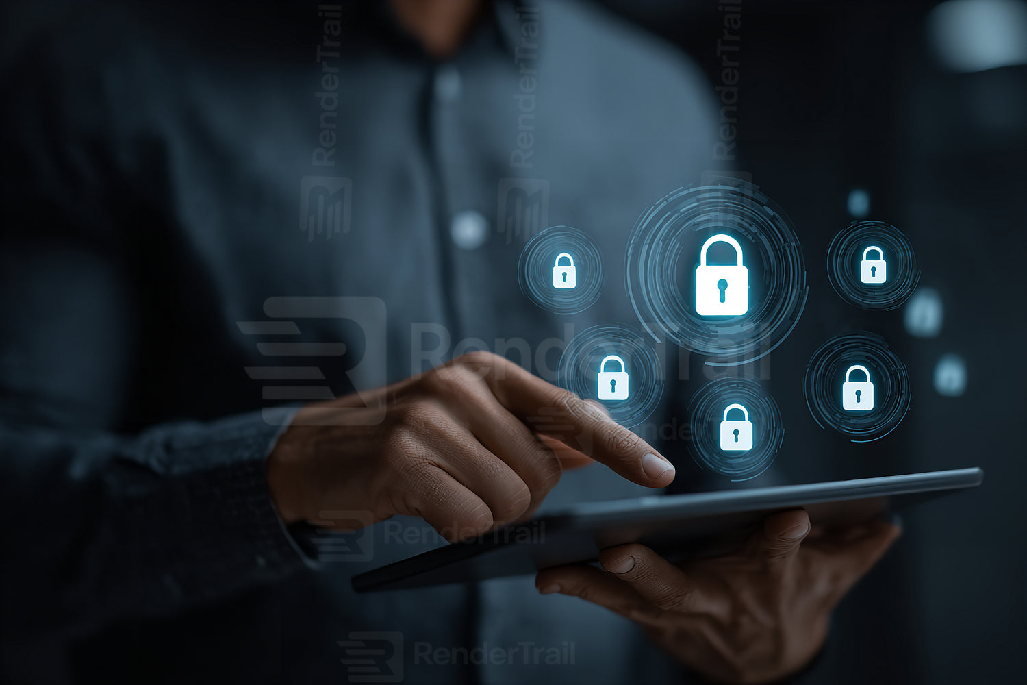 Engaging in digital security practices with a tablet, showcasing various padlock symbols in a dark setting