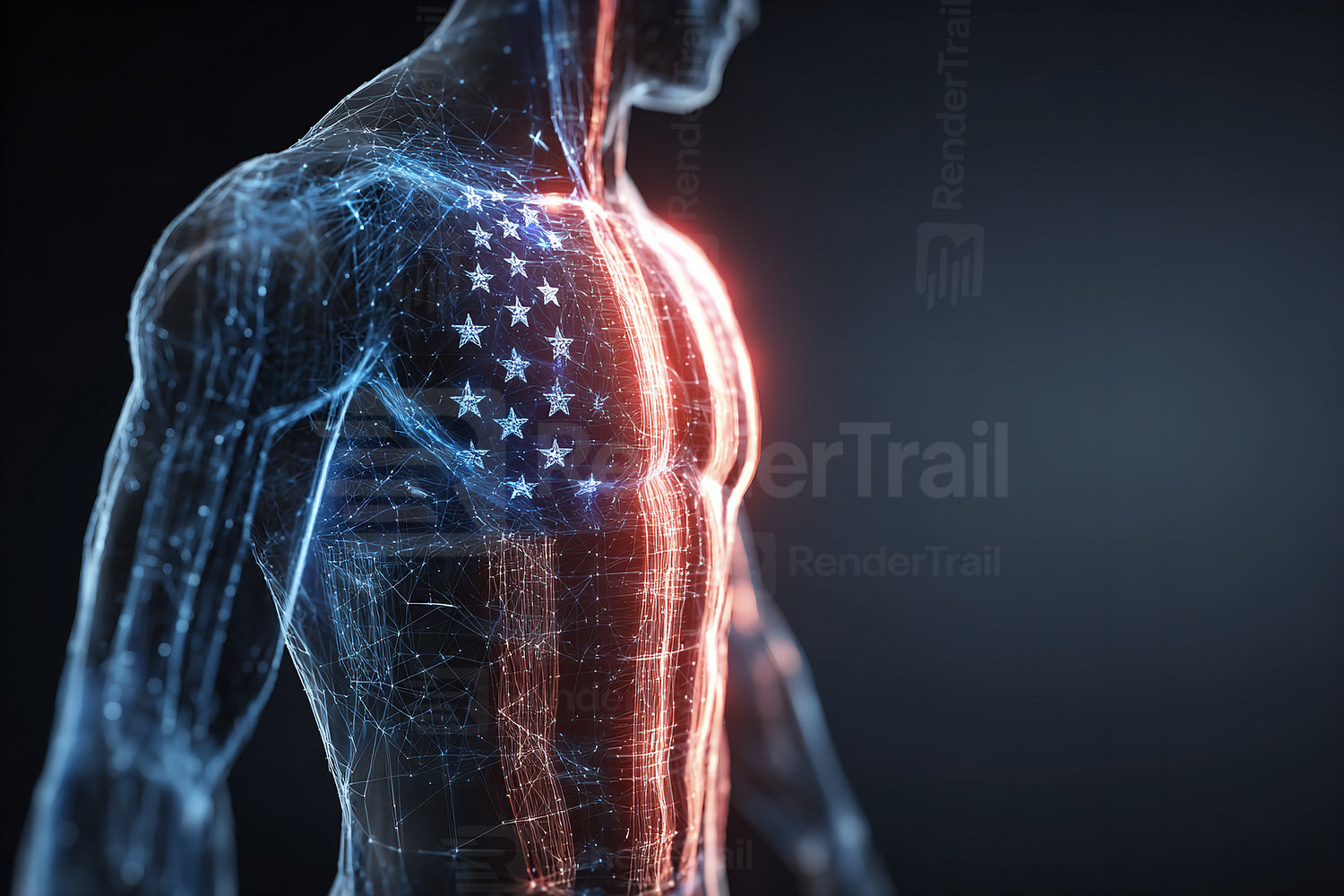 Digital art showing a human body with glowing American flag pattern on chest highlighting strength and patriotism in a modern scene