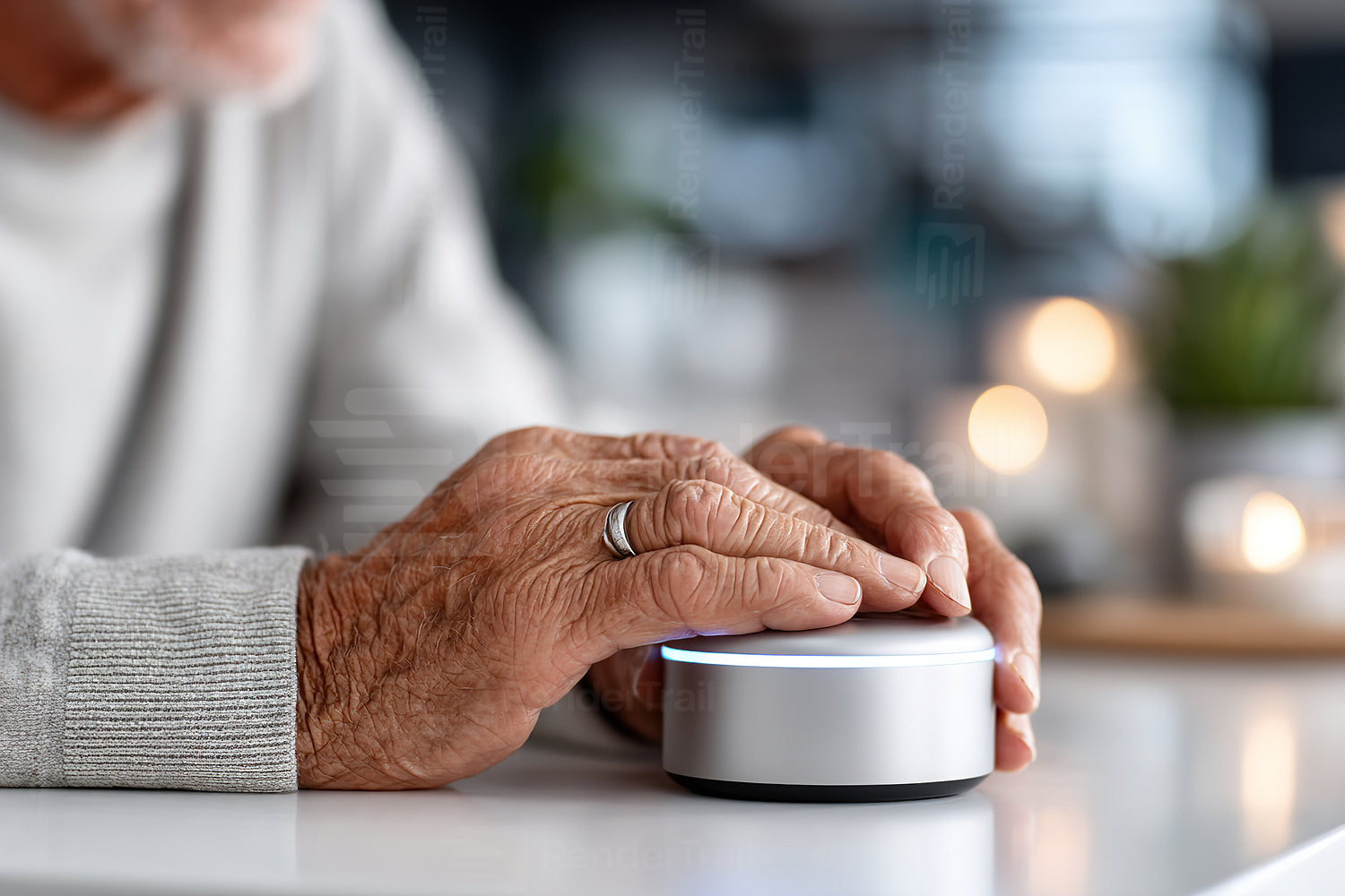 Elderly person using smart device at home during cozy afternoon with warm lighting and calming atmosphere