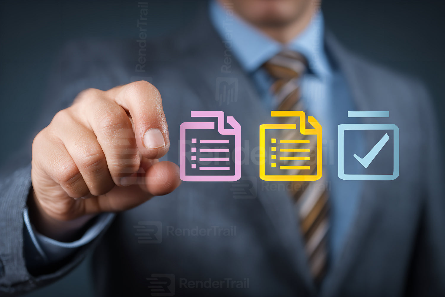 Business professional using digital interface to manage documents and tasks effectively in a modern office