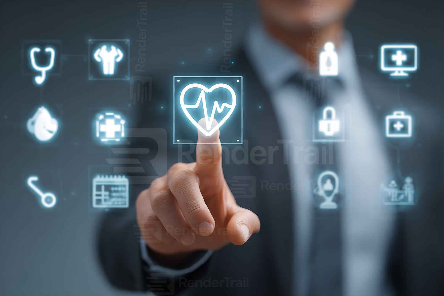Professional in a suit interacts with healthcare icons on a digital screen in a modern setting