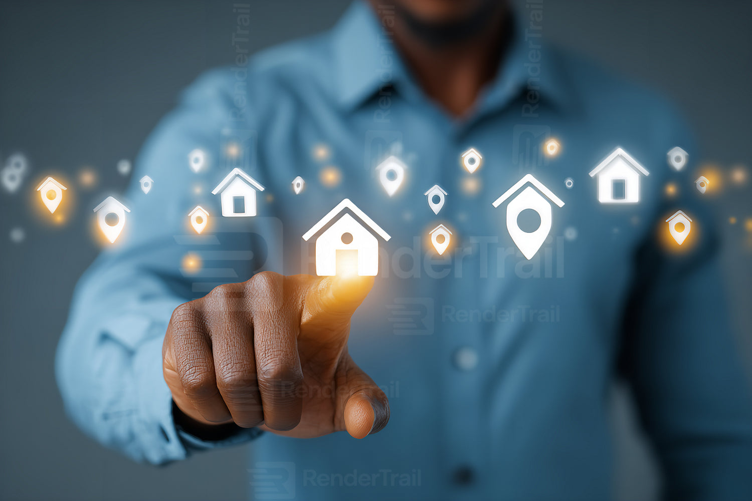 Person interacting with digital house icons representing real estate options in a modern setting