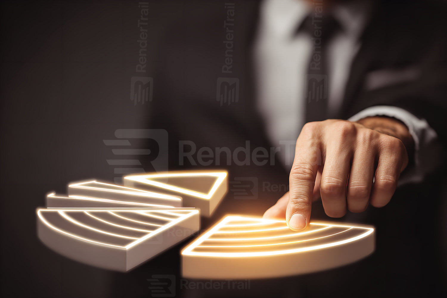 Business professional interacts with illuminated pie chart during presentation in a dark setting