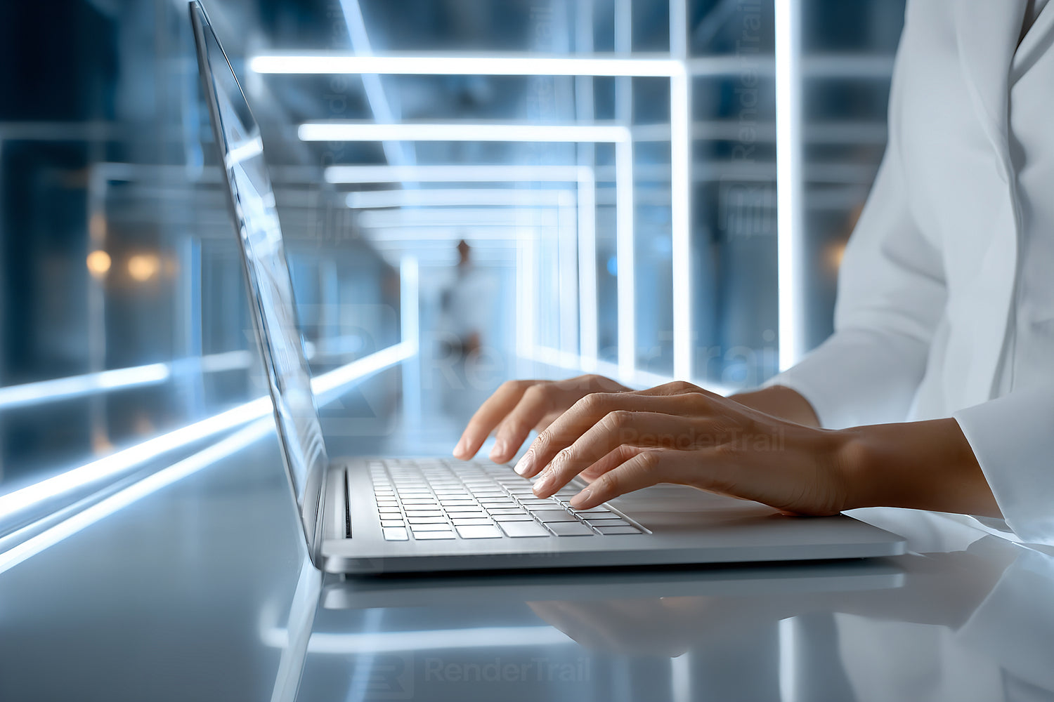 Person typing on a laptop in a bright, modern workspace filled with lines of light