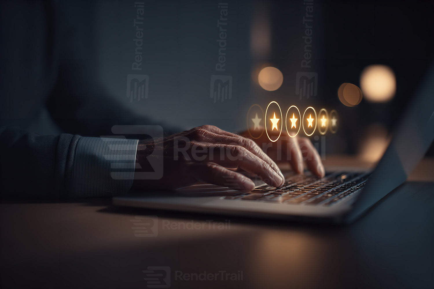 Hands typing on a laptop at night with glowing stars indicating feedback or ratings