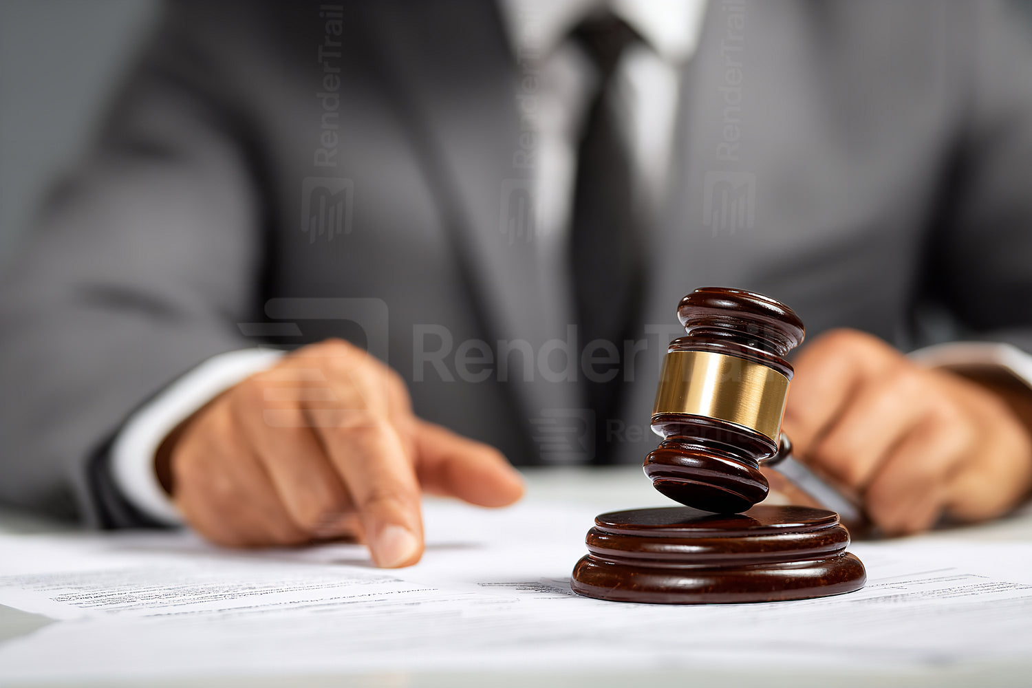 Judge uses gavel to make a decision during a court session while reviewing legal documents