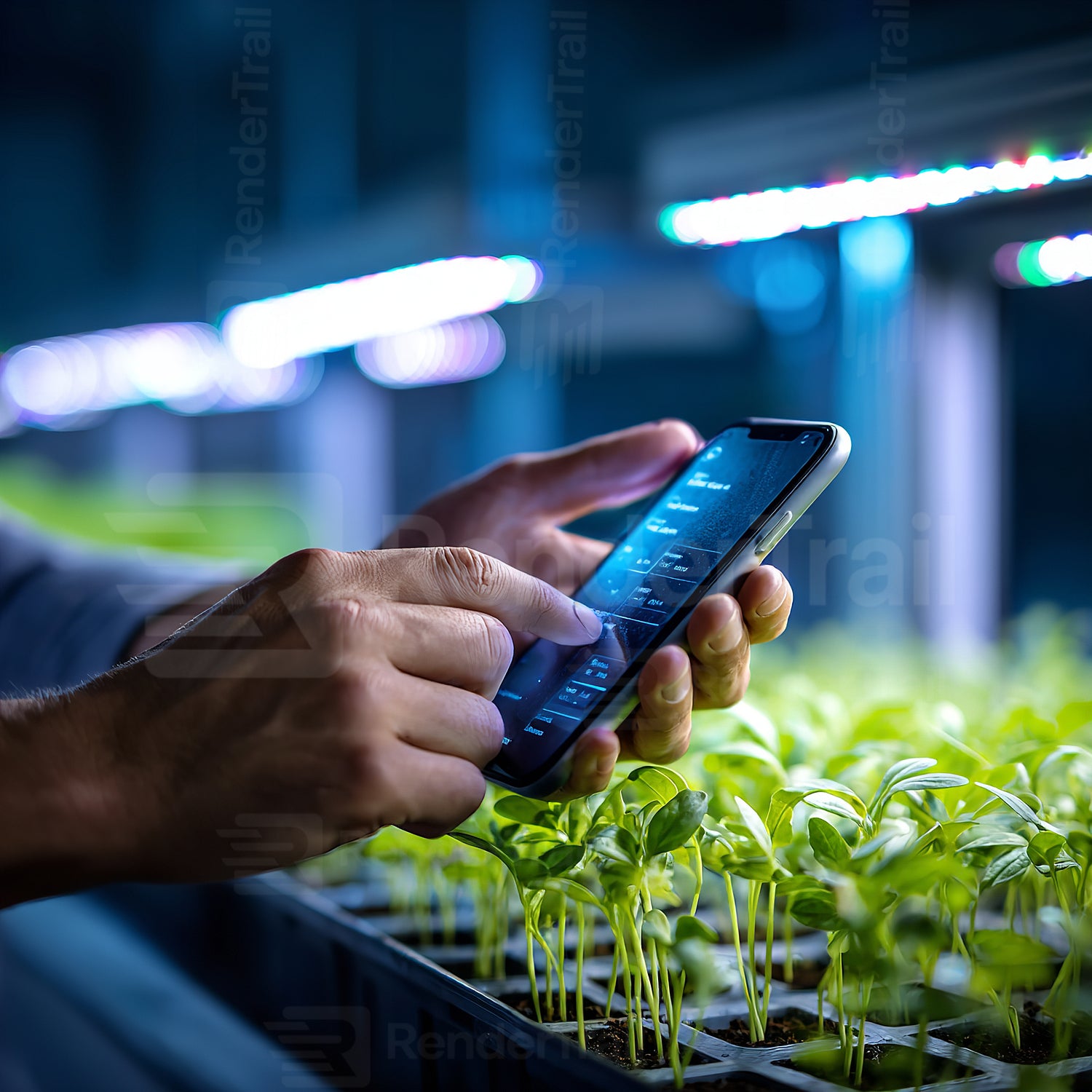 Modern technology enhances plant growth in urban gardening setup at night