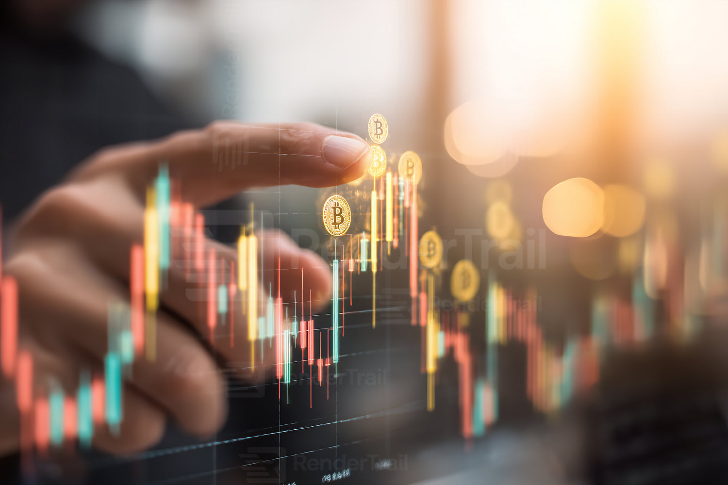 Investing in cryptocurrency trends shown with a hand pointing at digital charts during sunset