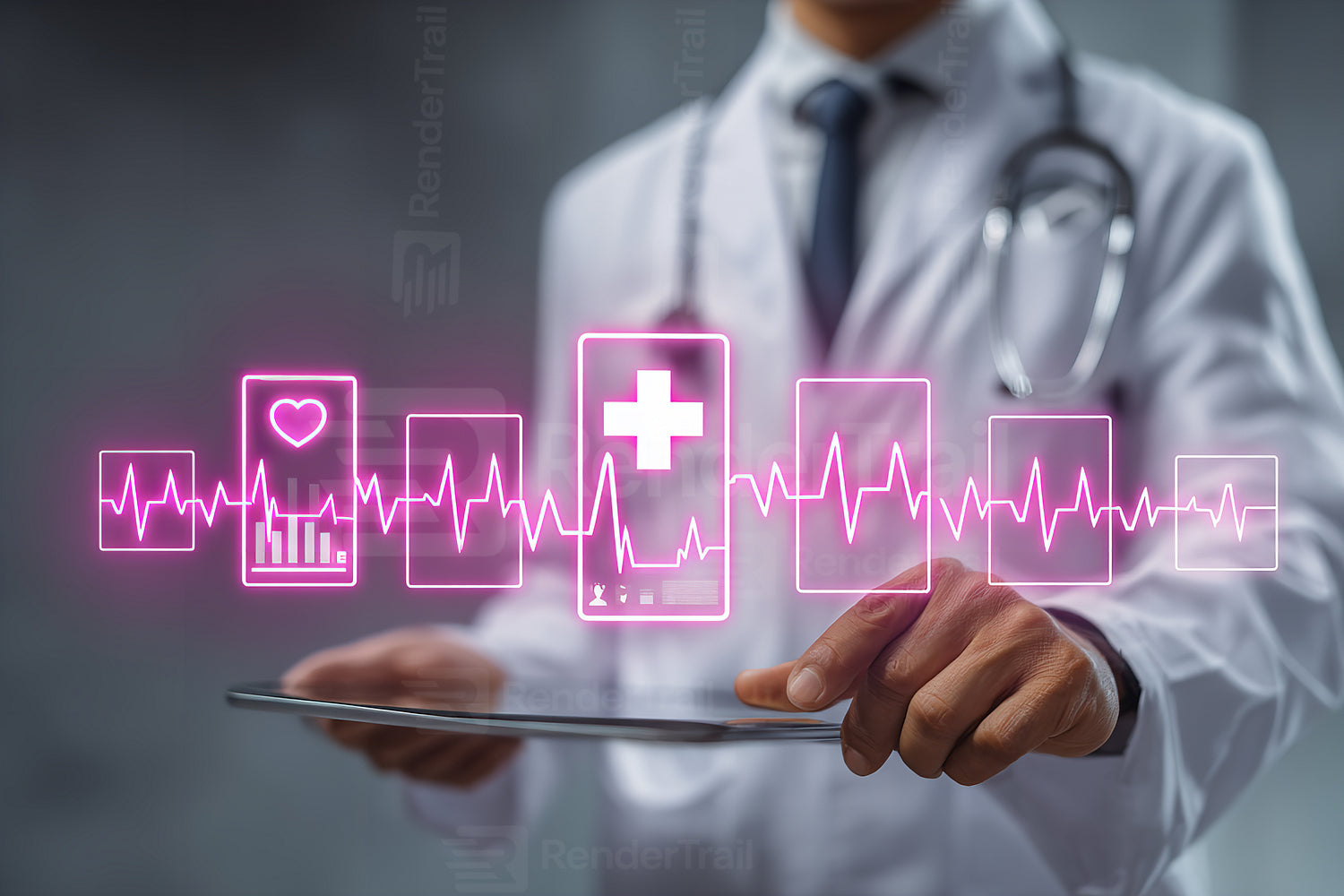 Doctor using tablet with health data graphics displayed in modern healthcare setting