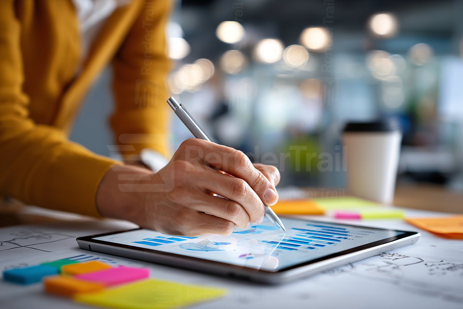 Person working on tablet with charts and graphs while sitting at desk in a bright office space