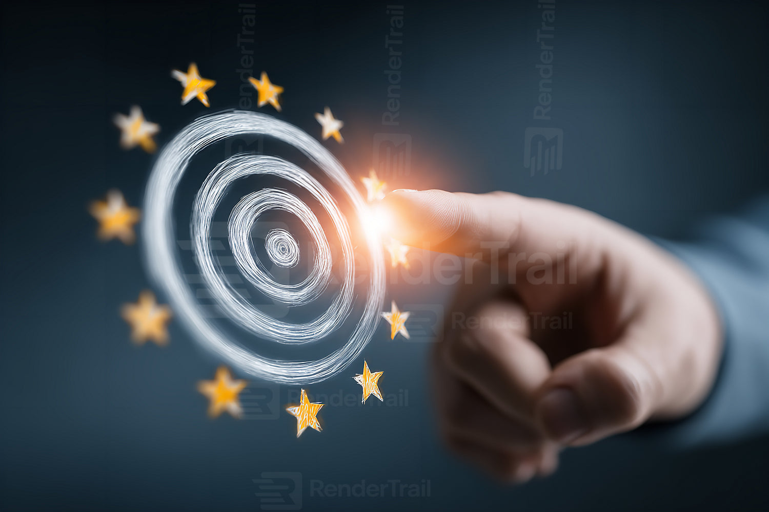 Digital hand touching a glowing target with stars in a dark setting, symbolizing goals and aspirations
