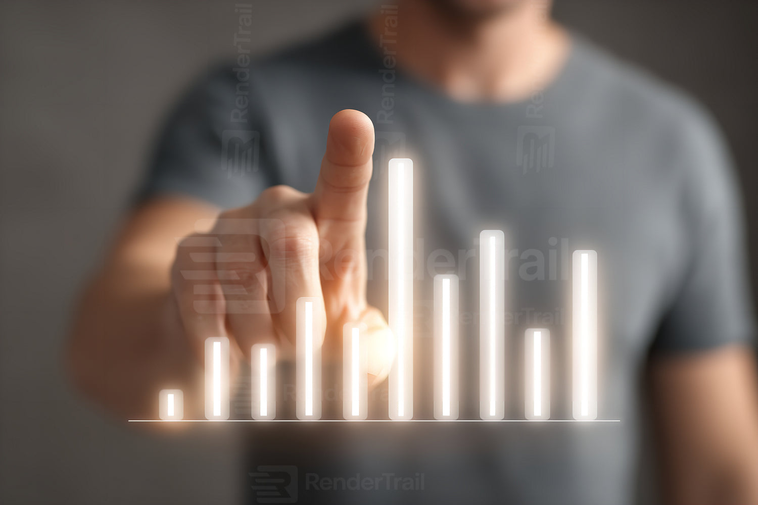 Man interacts with digital graph displaying business growth in modern setting