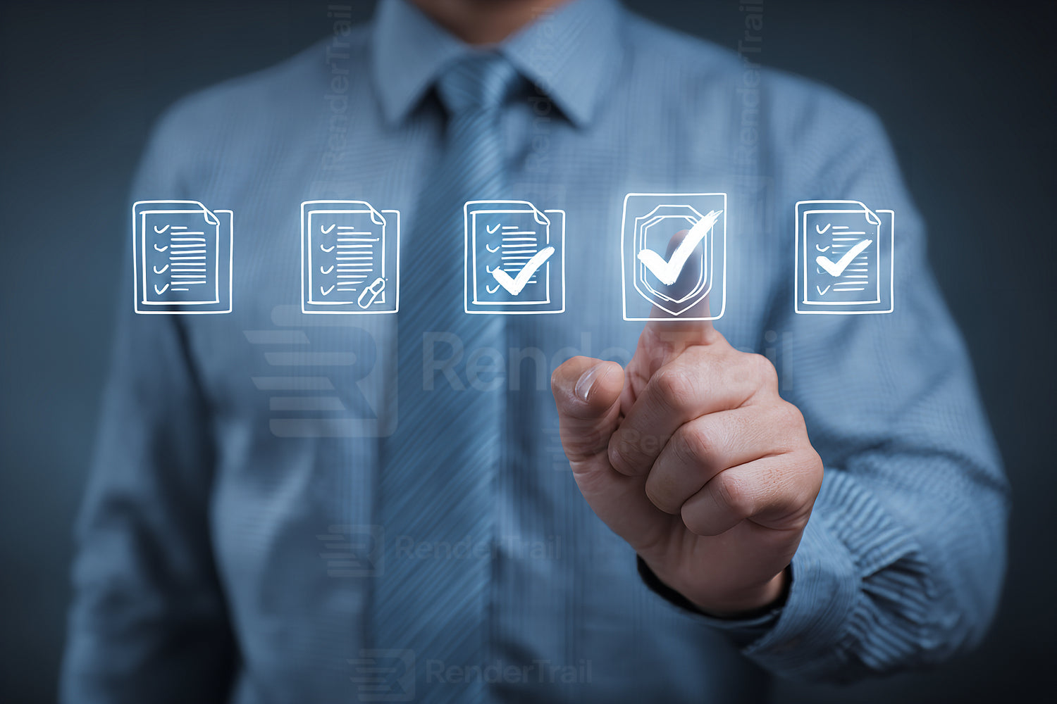 Business professional interacting with digital checklists during a presentation in a modern office setting