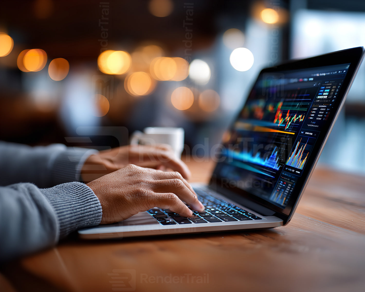 Person working on laptop with stock market data in a warm, cozy cafe setting during evening hours