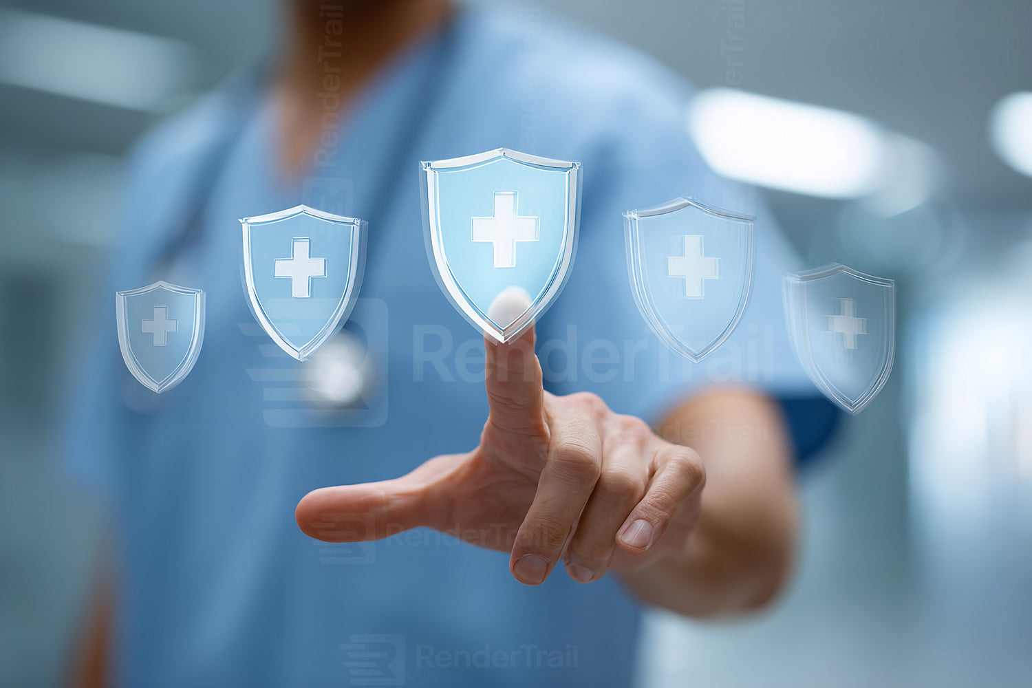 Healthcare professional interacts with digital health icons in a modern clinic setting