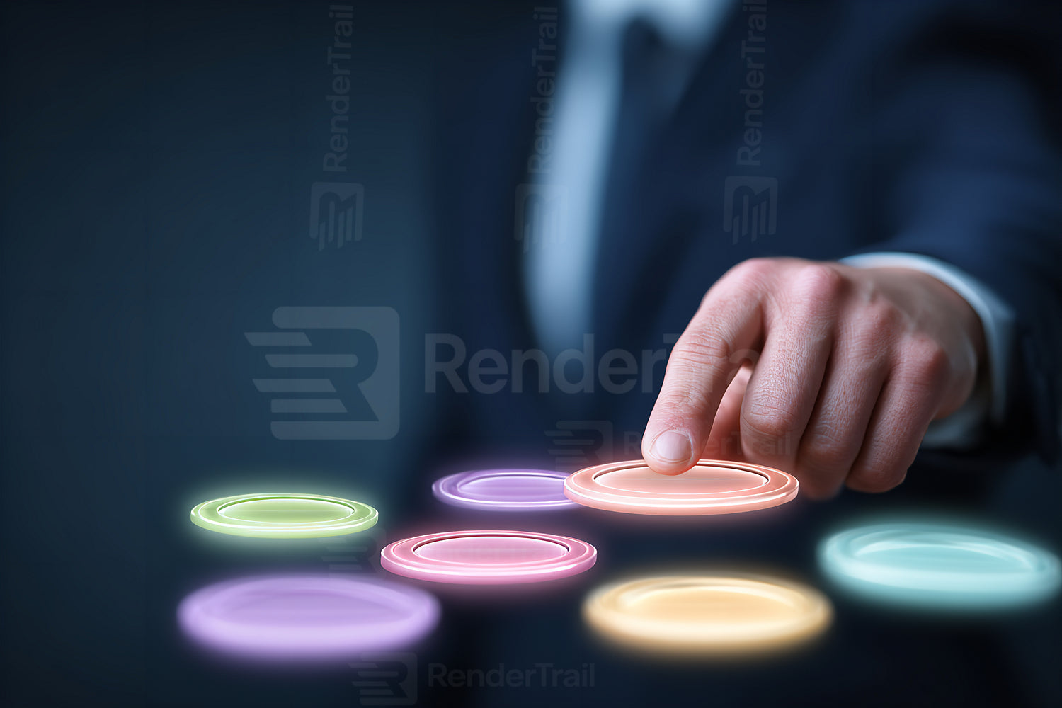 Business professional interacting with digital interface in a modern office environment during a technology-focused meeting