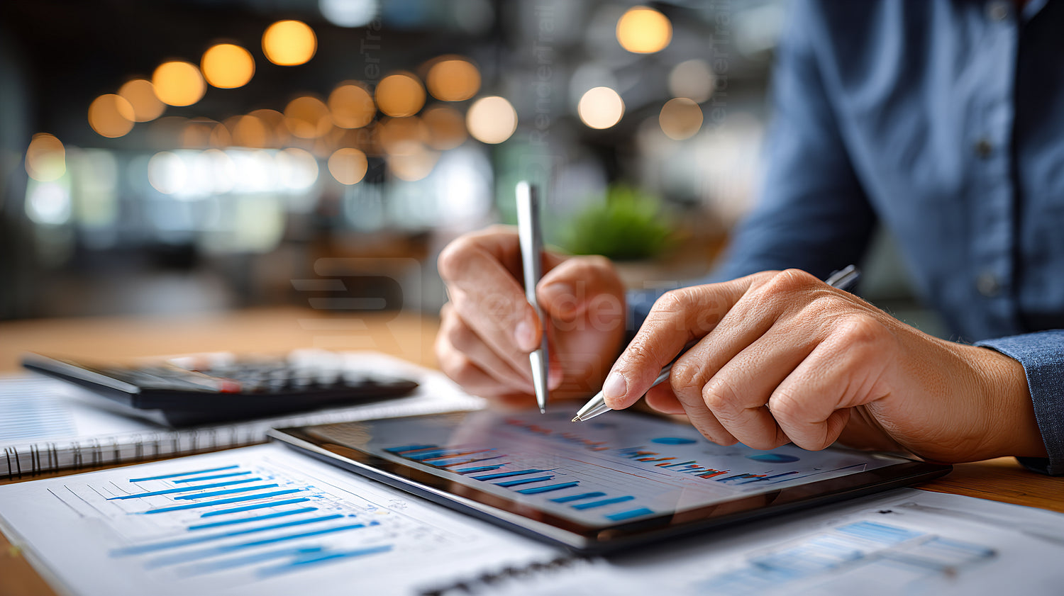 Hands analyzing business graphs on digital tablet in modern office environment during working hours