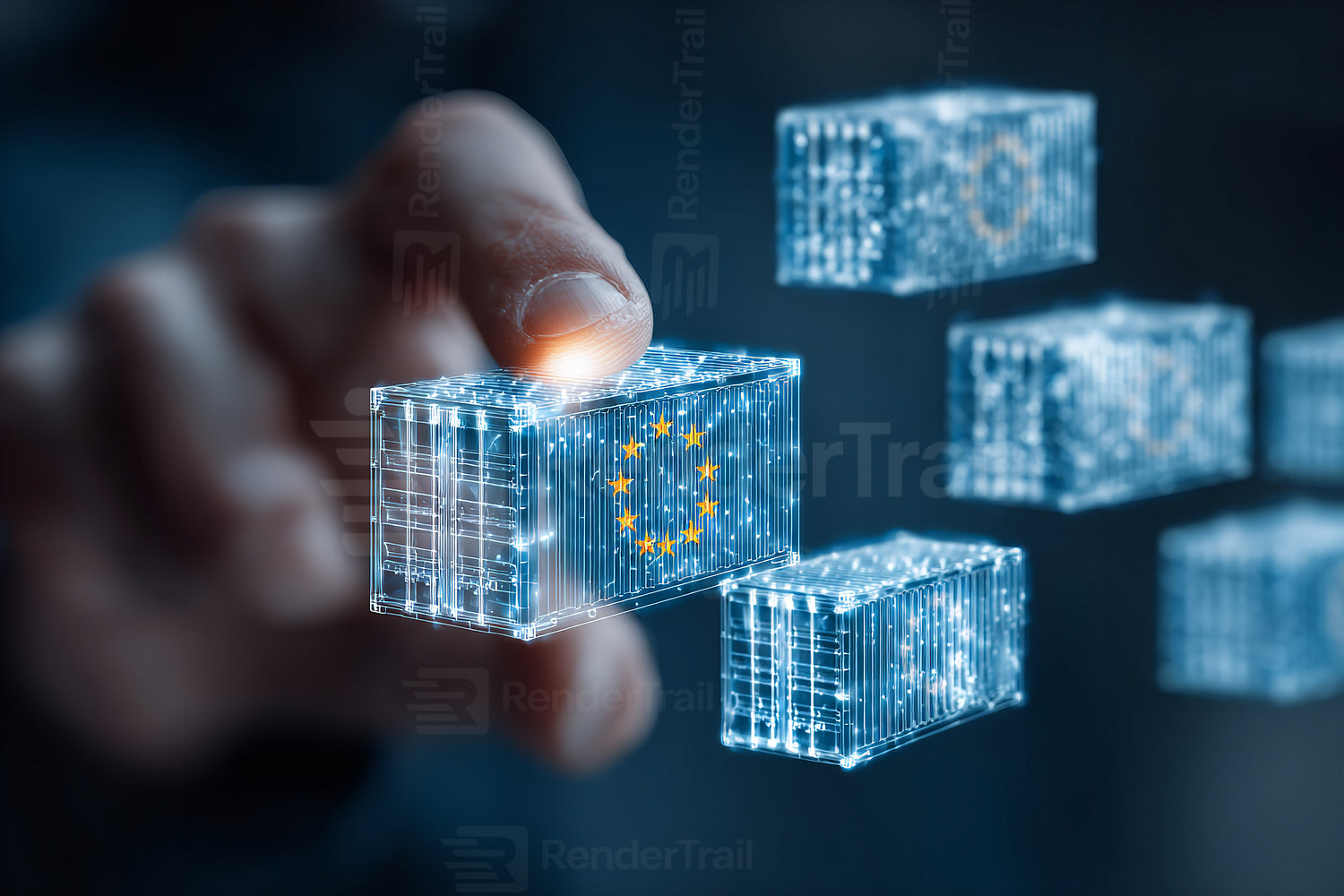 Digital representation of Europe Union blocks being manipulated, showcasing technology and innovation in a modern setting