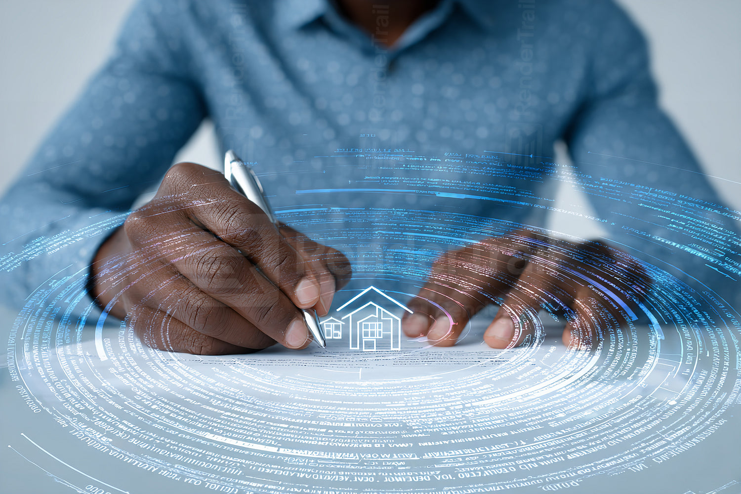 Signing a real estate contract with a digital house graphic in a modern office setting