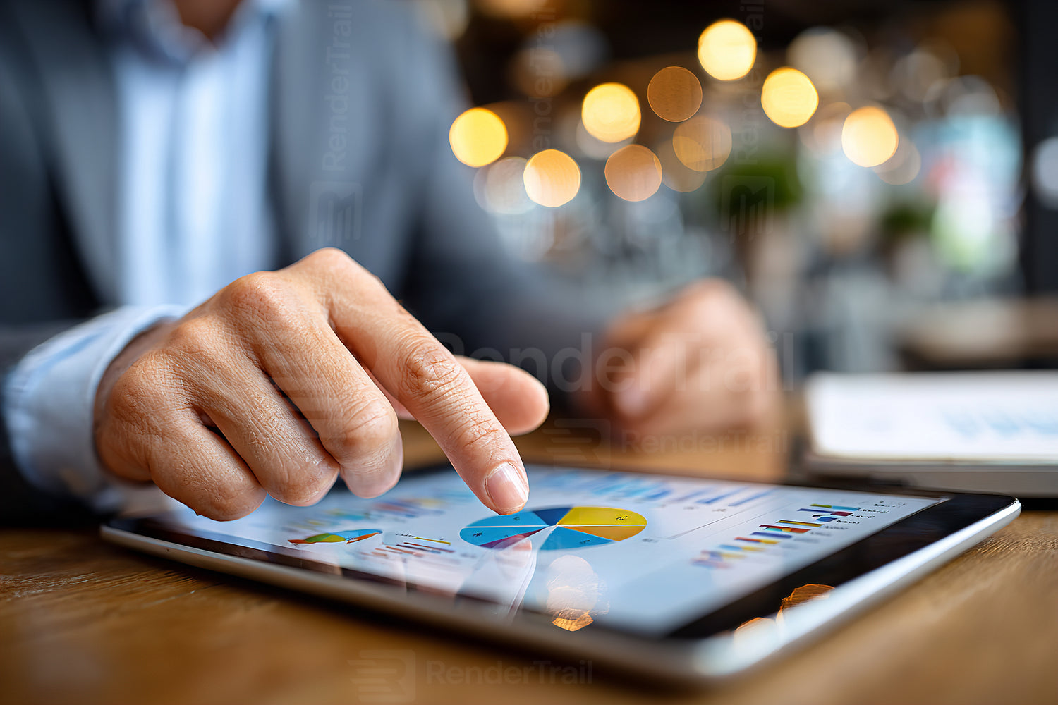 Business professional analyzing data on a tablet in a modern workspace during a productive day