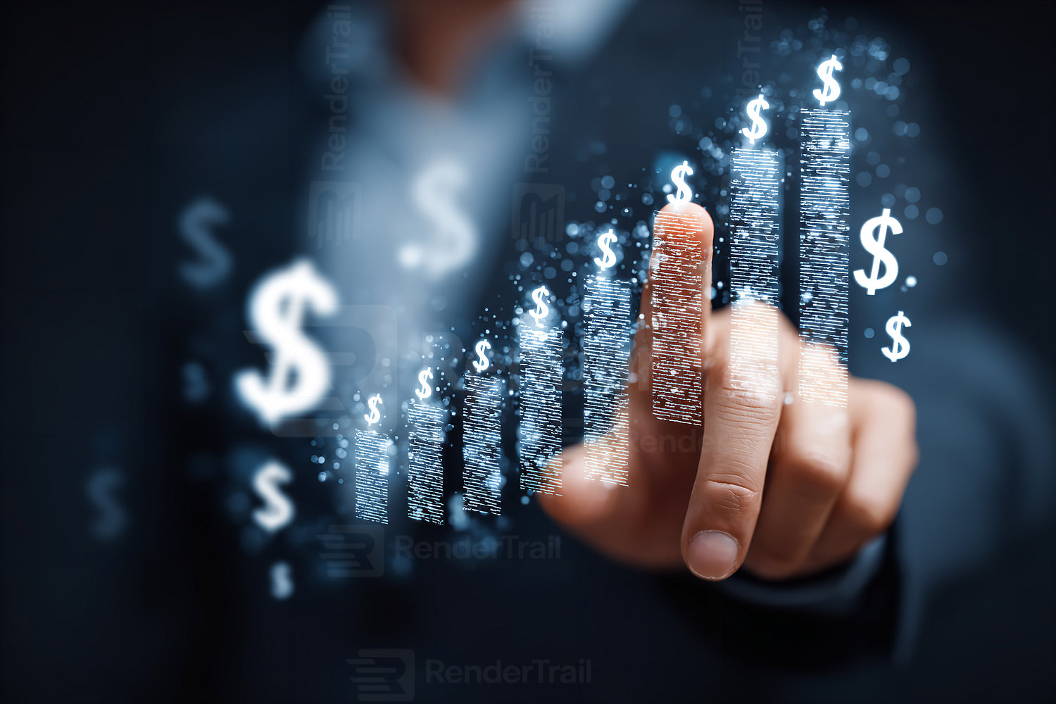 Business professional touching a digital screen showing financial growth at night