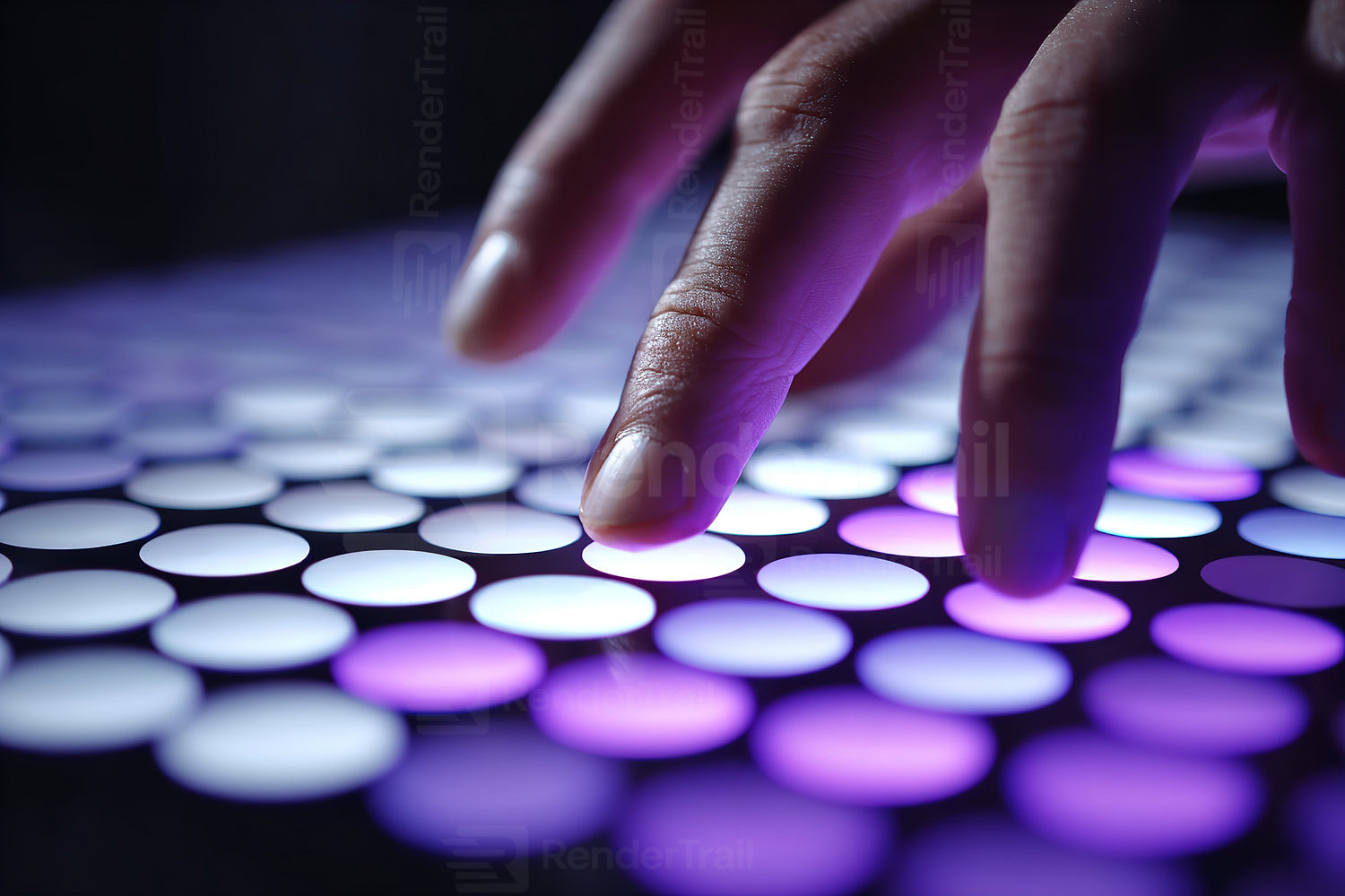 Creative hands interact with a colorful illuminated touch interface in a modern tech setting
