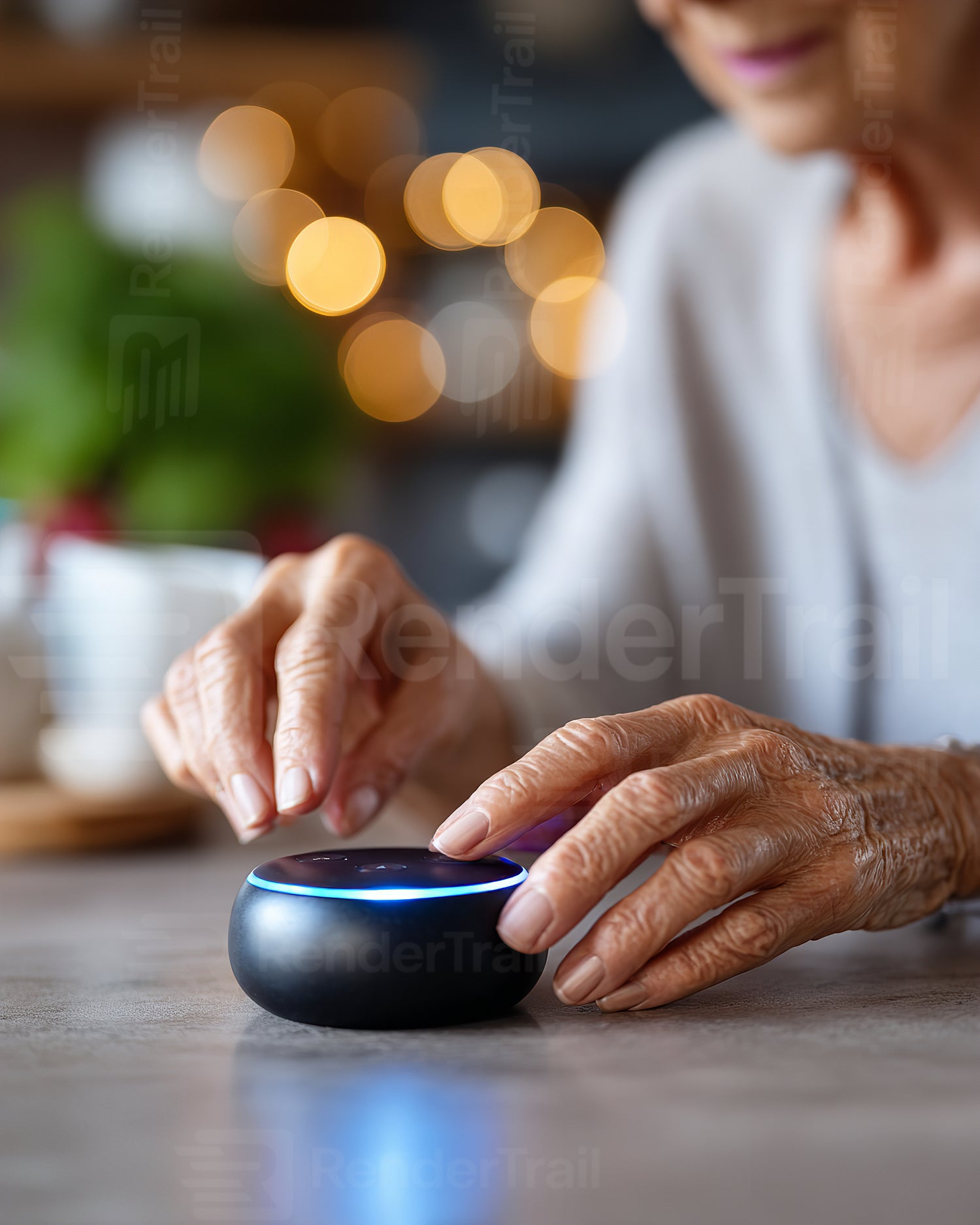 Senior woman interacting with smart home device in cozy kitchen setting during daytime