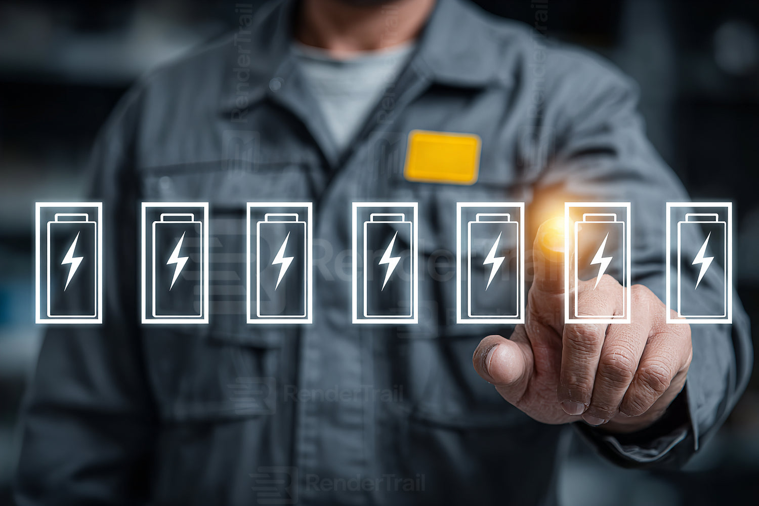 Technician monitoring battery levels in a charging station during daytime hours at an energy facility