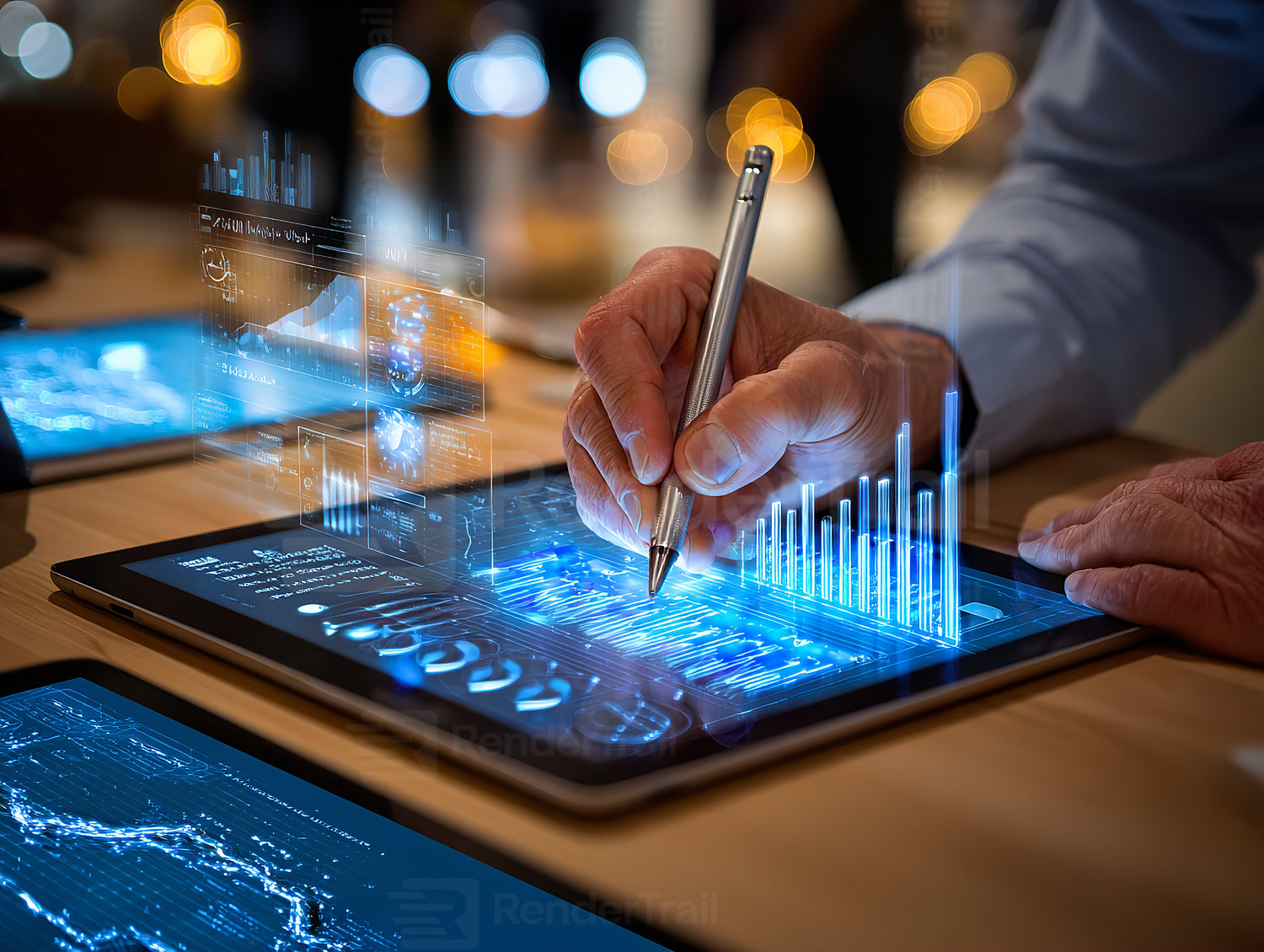 Hand using stylus on tablet to create digital designs and graphs in a modern workspace during evening hours