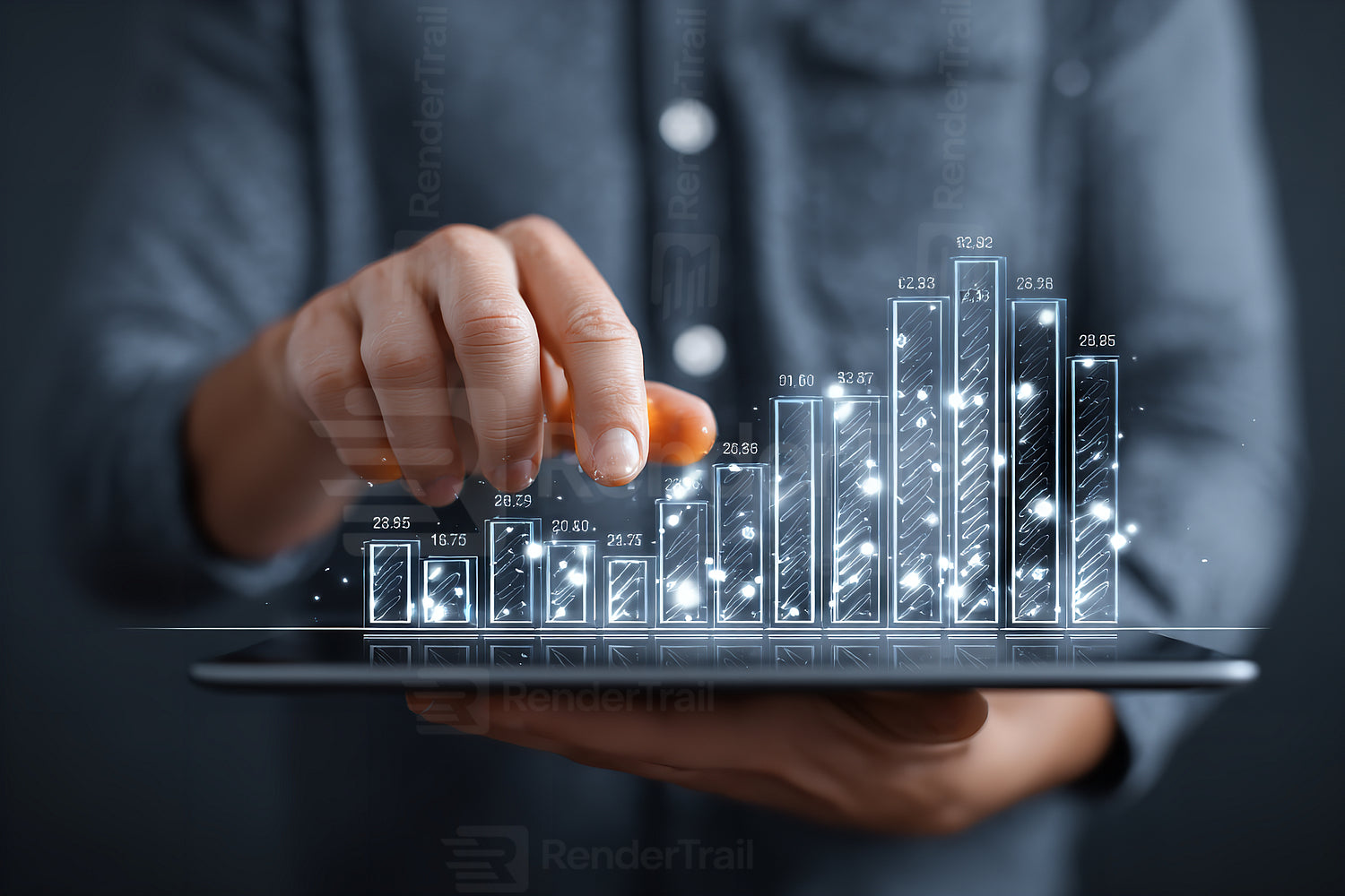 Data analyst presents growth trends using a digital tablet while highlighting statistics in a modern office setting