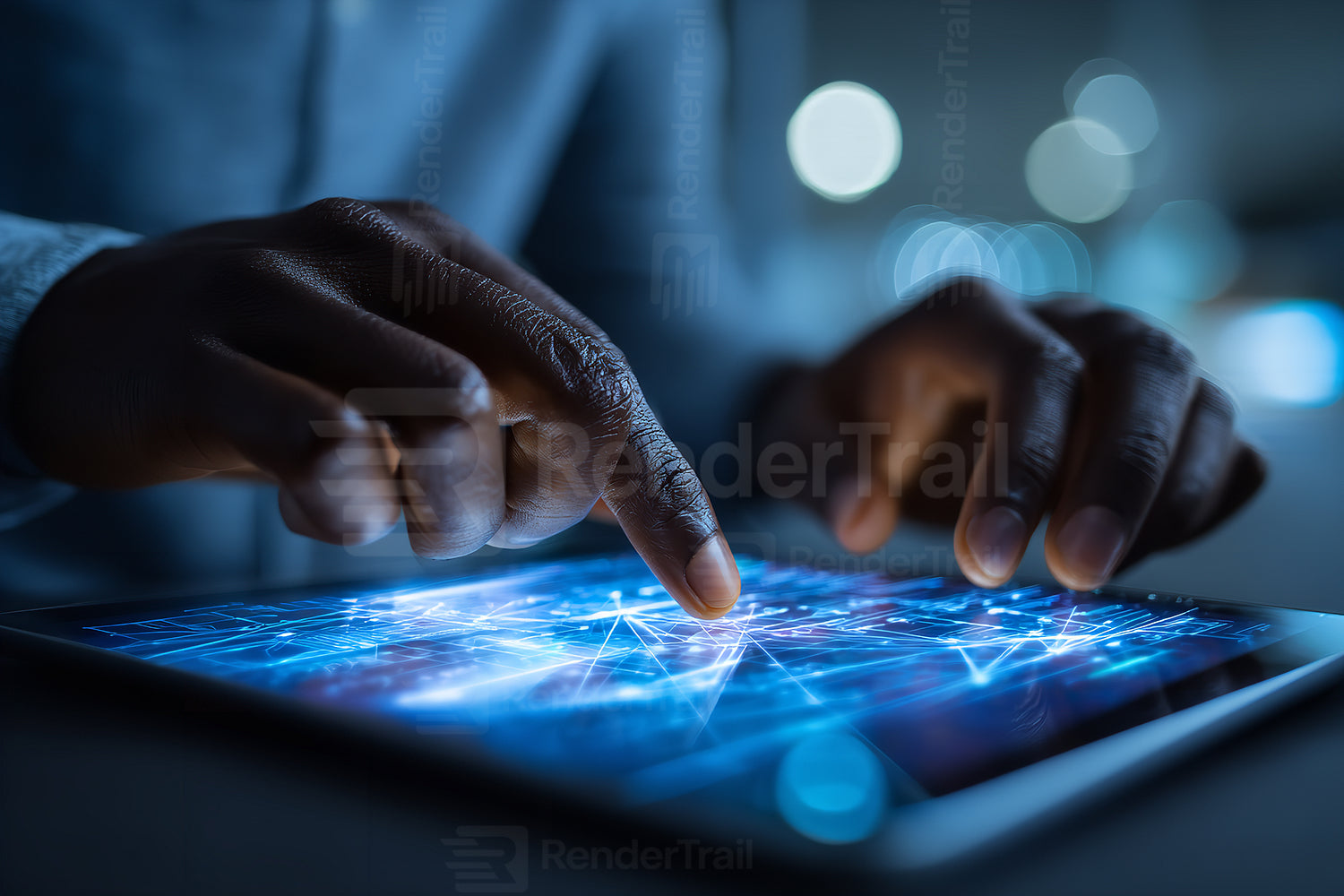 Engaging with digital technology on a tablet in an indoor setting during evening hours