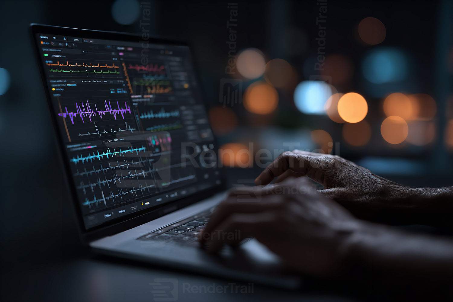 Person analyzing data on laptop with colorful graphs illuminated in a dimly lit room at night