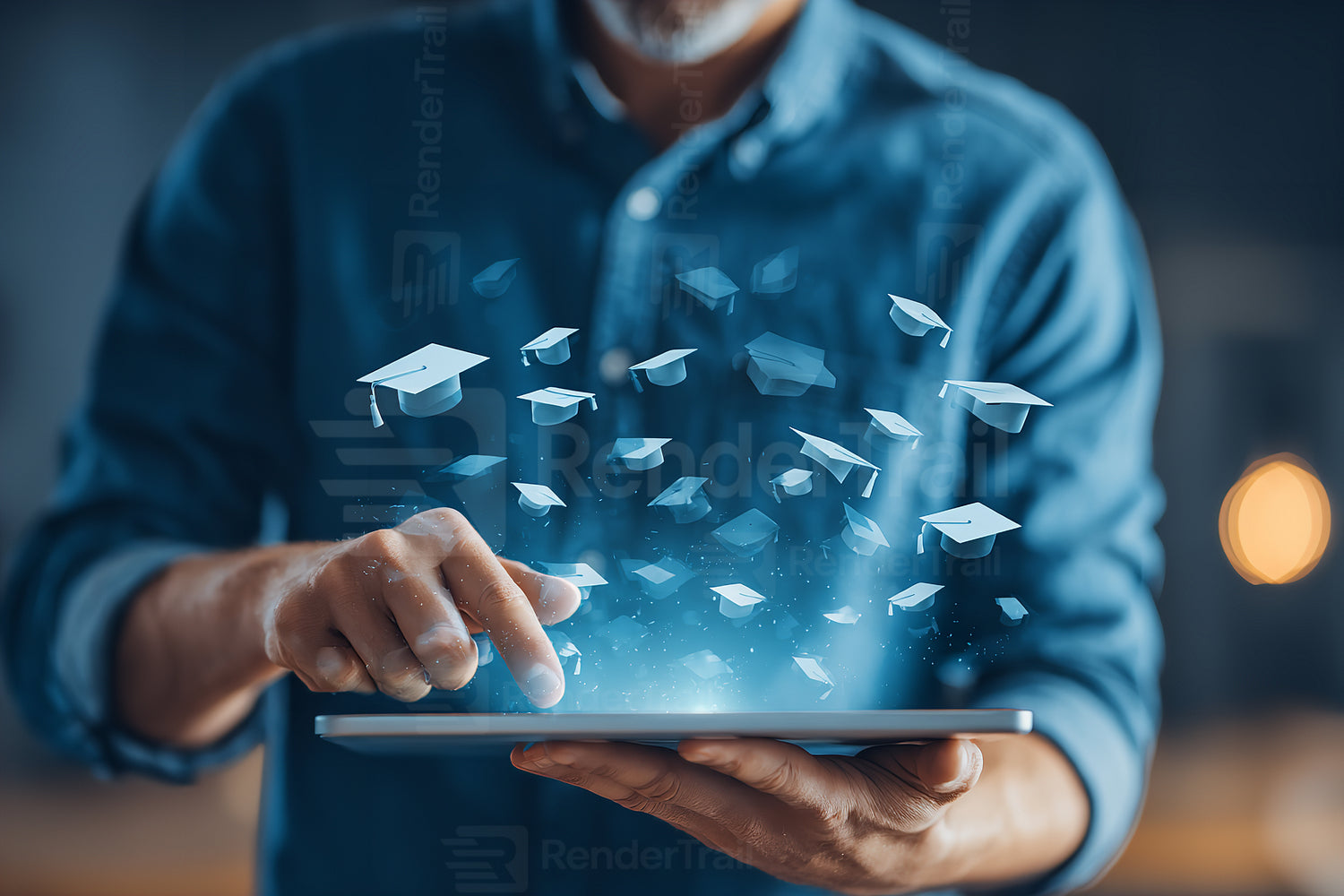 Creative use of technology to symbolize education and graduation through virtual caps floating above a tablet