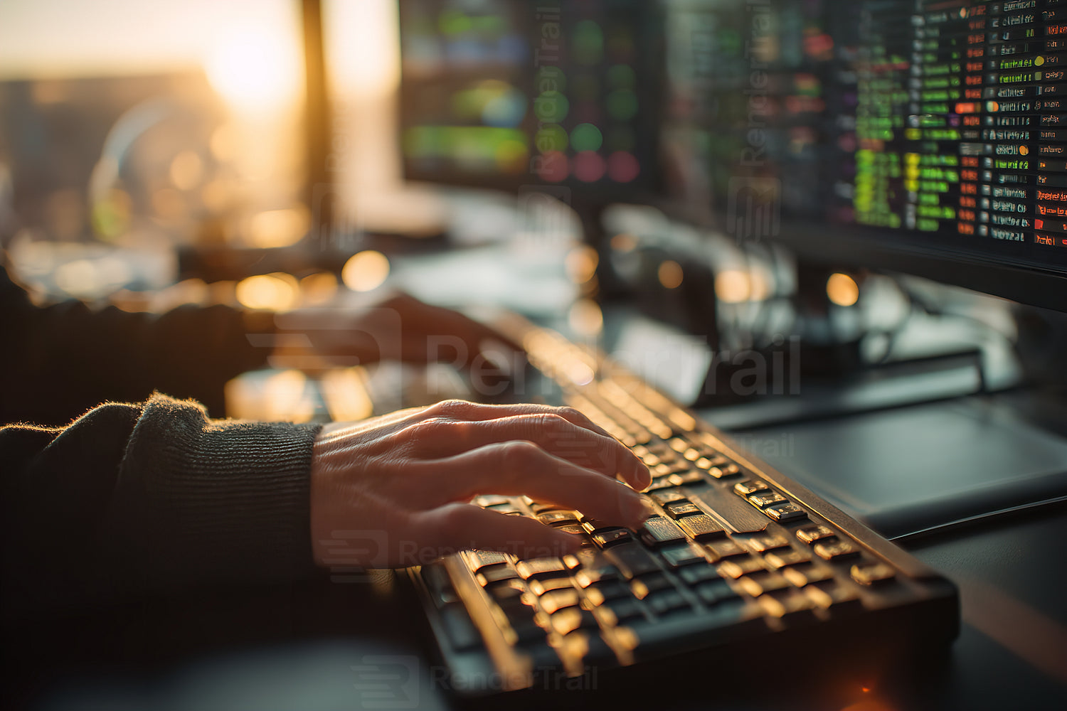 Keyboard typing session at sunset with glowing screens showcasing data analysis and programming