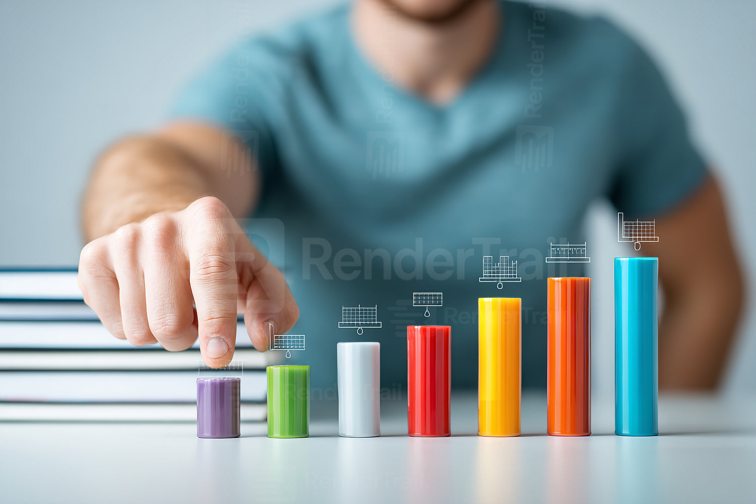 Person indicating growth on colorful bar graph while seated at desk with books in an office setting