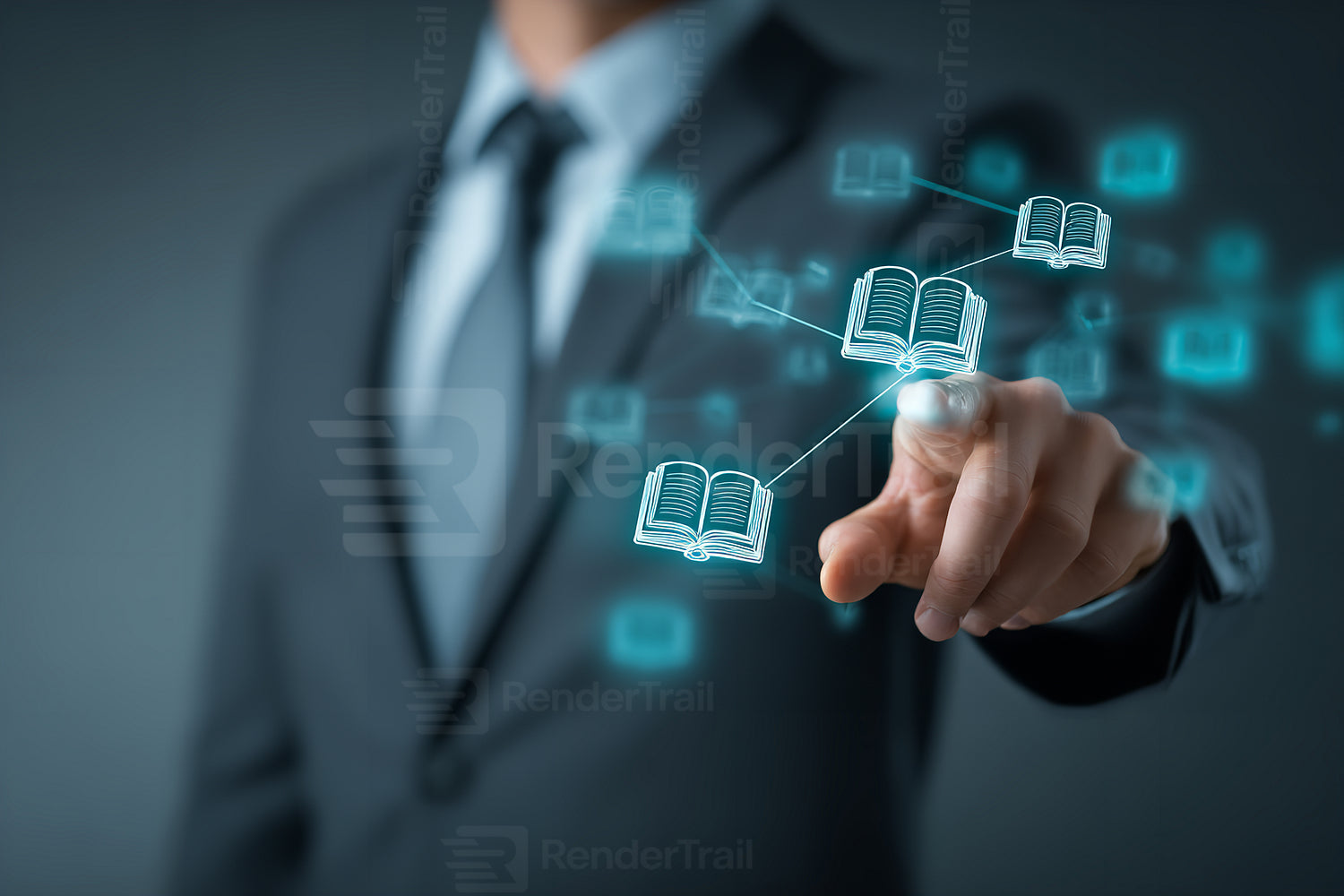 Businessman interacts with digital books and online learning symbols in a modern office setting